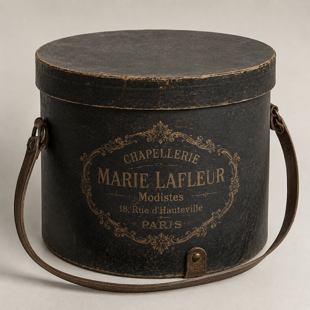 La boîte à haut-de-forme — haute, cylindrique, imposante, souvent marquée d'inscriptions dorées